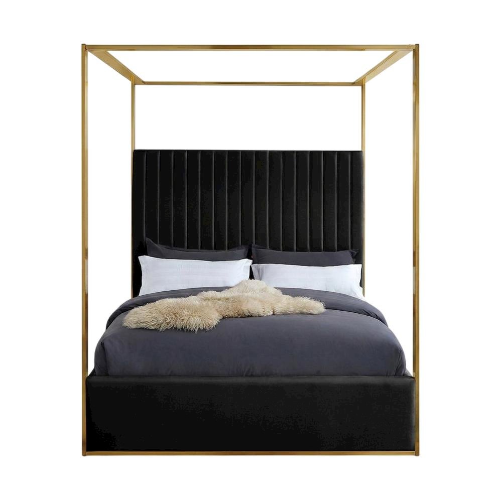 Velvet Upholstered Platform Bed Frame with Canopy Headboard, Black Velvet, King