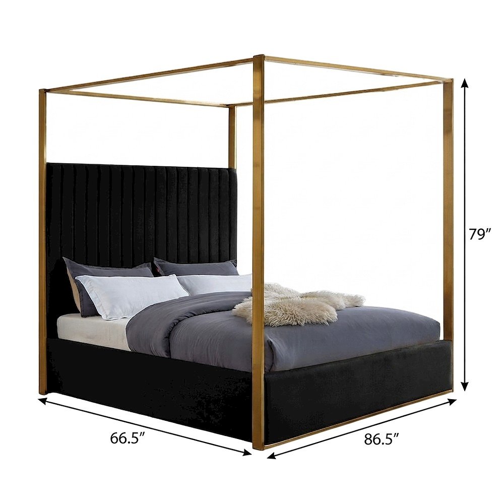 Velvet Upholstered Platform Bed Frame with Canopy Headboard, Black Velvet, Queen