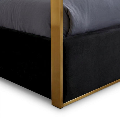 Velvet Upholstered Platform Bed Frame with Canopy Headboard, Black Velvet, Queen