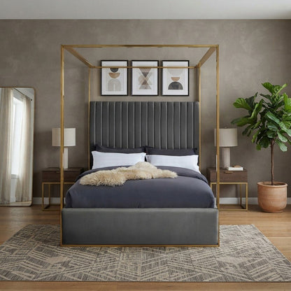 Velvet Upholstered Platform Bed Frame with Canopy Headboard, Grey Velvet, Queen