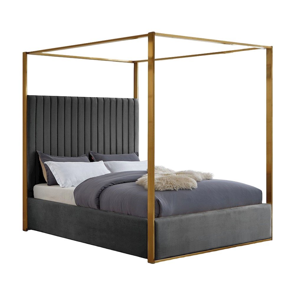 Velvet Upholstered Platform Bed Frame with Canopy Headboard, Grey Velvet, Queen