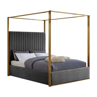 Velvet Upholstered Platform Bed Frame with Canopy Headboard, Grey Velvet, Queen