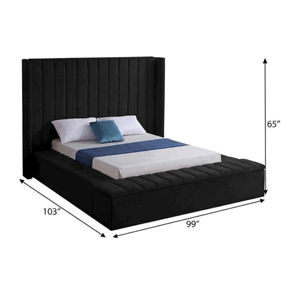 Velvet Platform Bed Frame with Wingback Tufted Headboard, King, Black Velvet