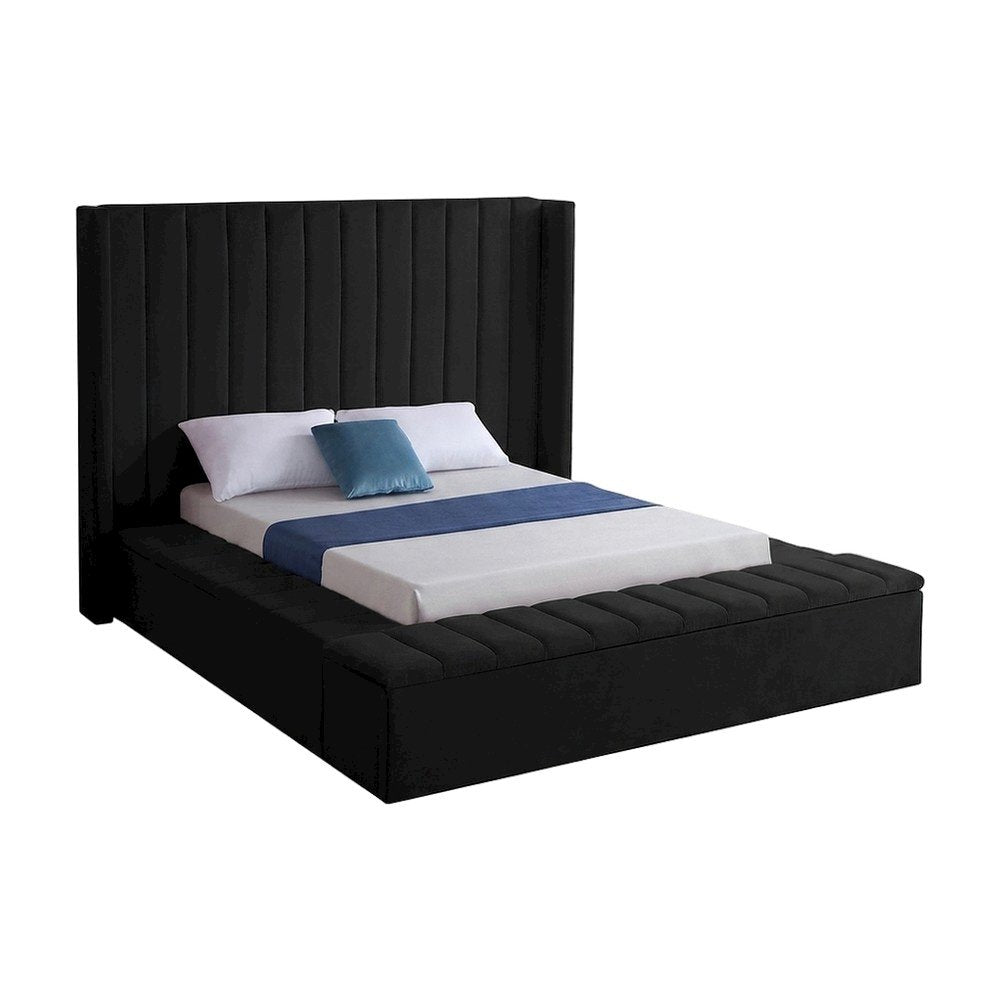 Velvet Platform Bed Frame with Wingback Tufted Headboard, King, Black Velvet