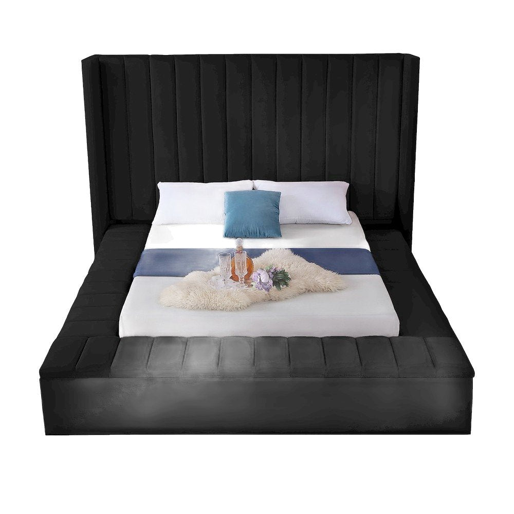 Velvet Platform Bed Frame with Wingback Tufted Headboard, King, Black Velvet