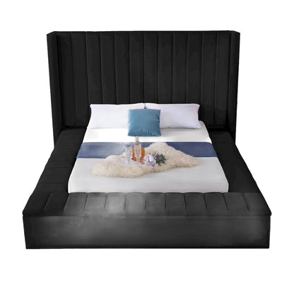 Velvet Platform Bed Frame with Wingback Tufted Headboard, King, Black Velvet