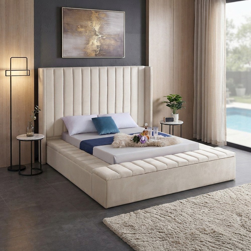 Velvet King Platform Bed Frame with Tufted Wingback Headboard, Cream Velvet