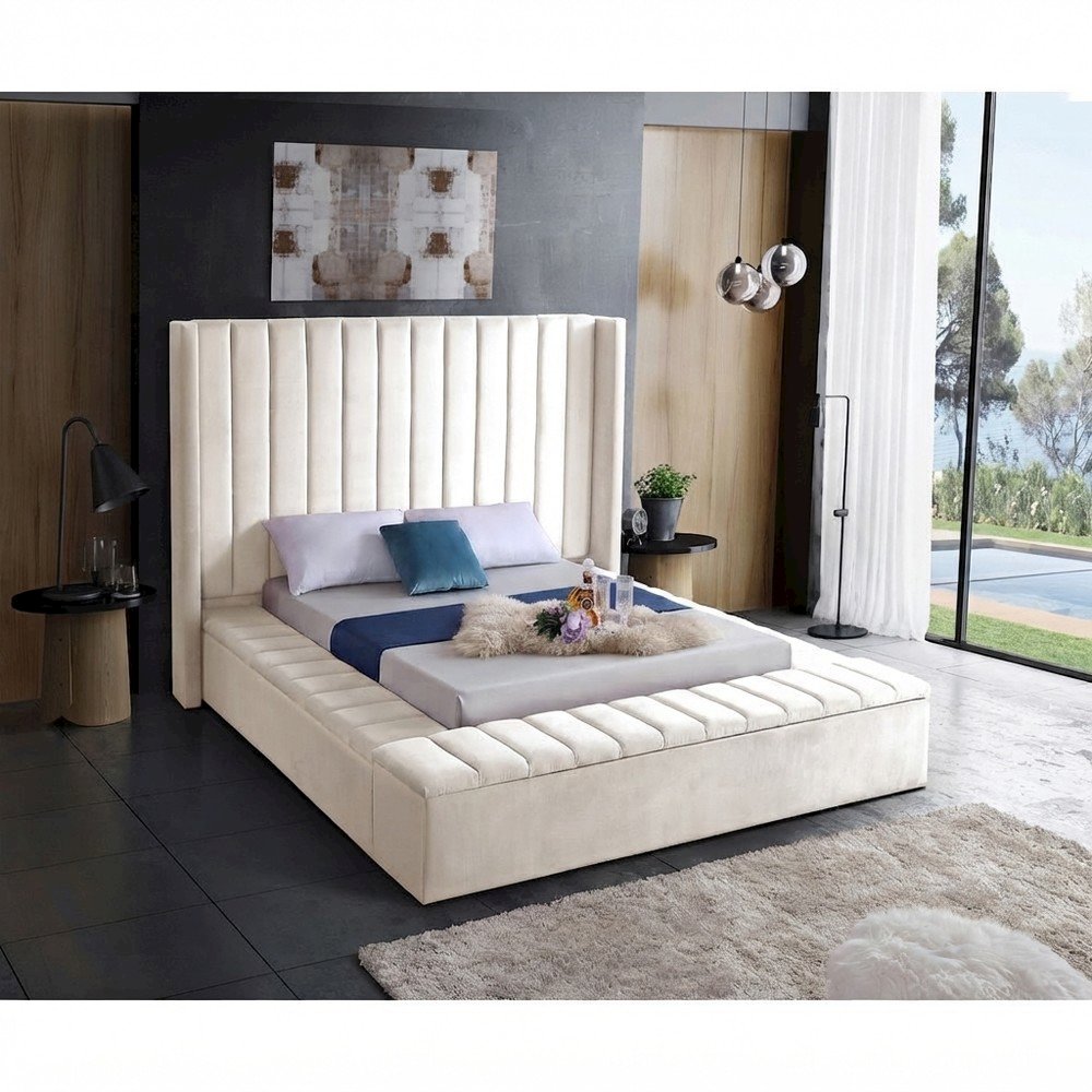 Velvet King Platform Bed Frame with Tufted Wingback Headboard, Cream Velvet