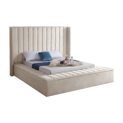 Velvet King Platform Bed Frame with Tufted Wingback Headboard, Cream Velvet