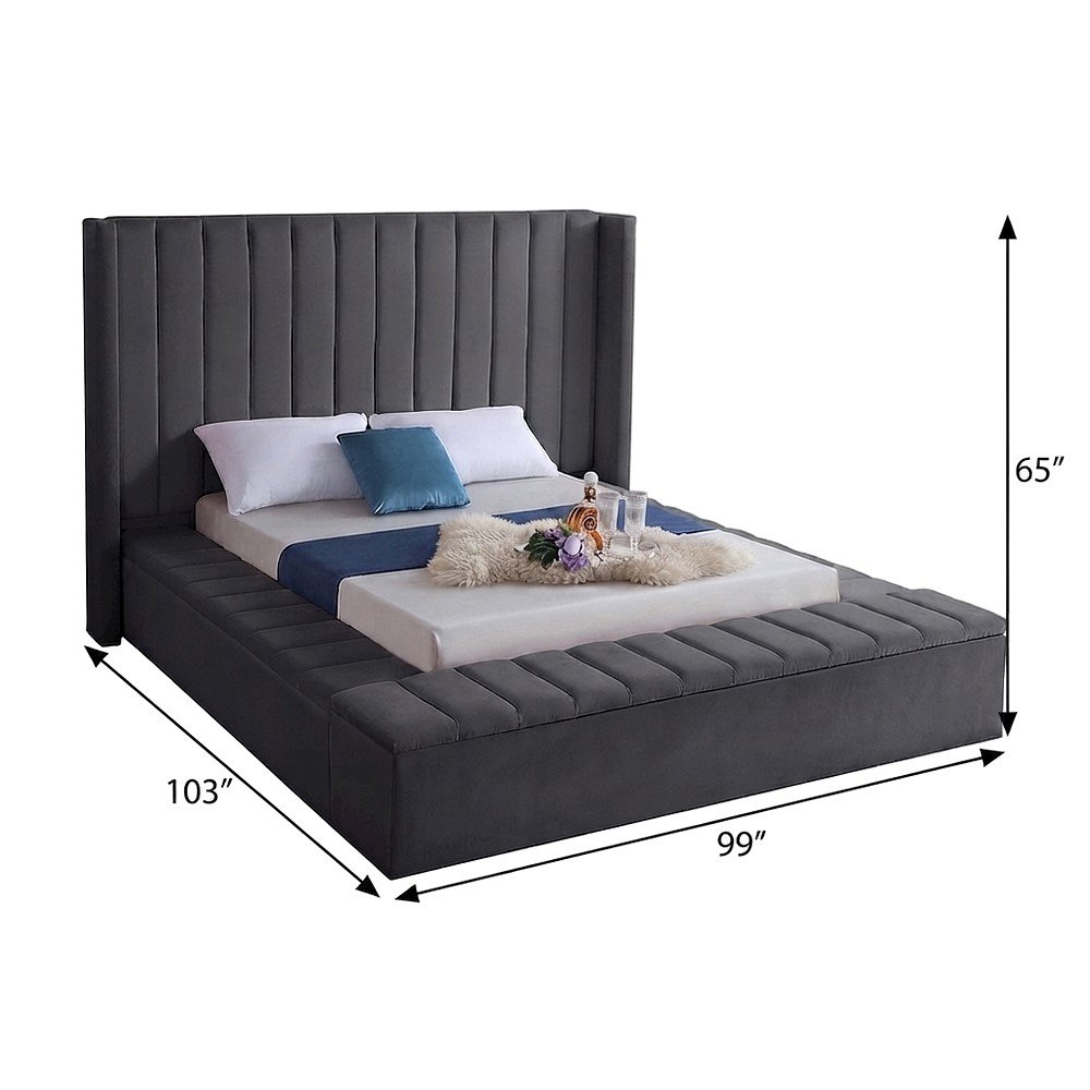 Velvet Upholstered King Platform Bed Frame with Wingback Headboard, Grey Velvet