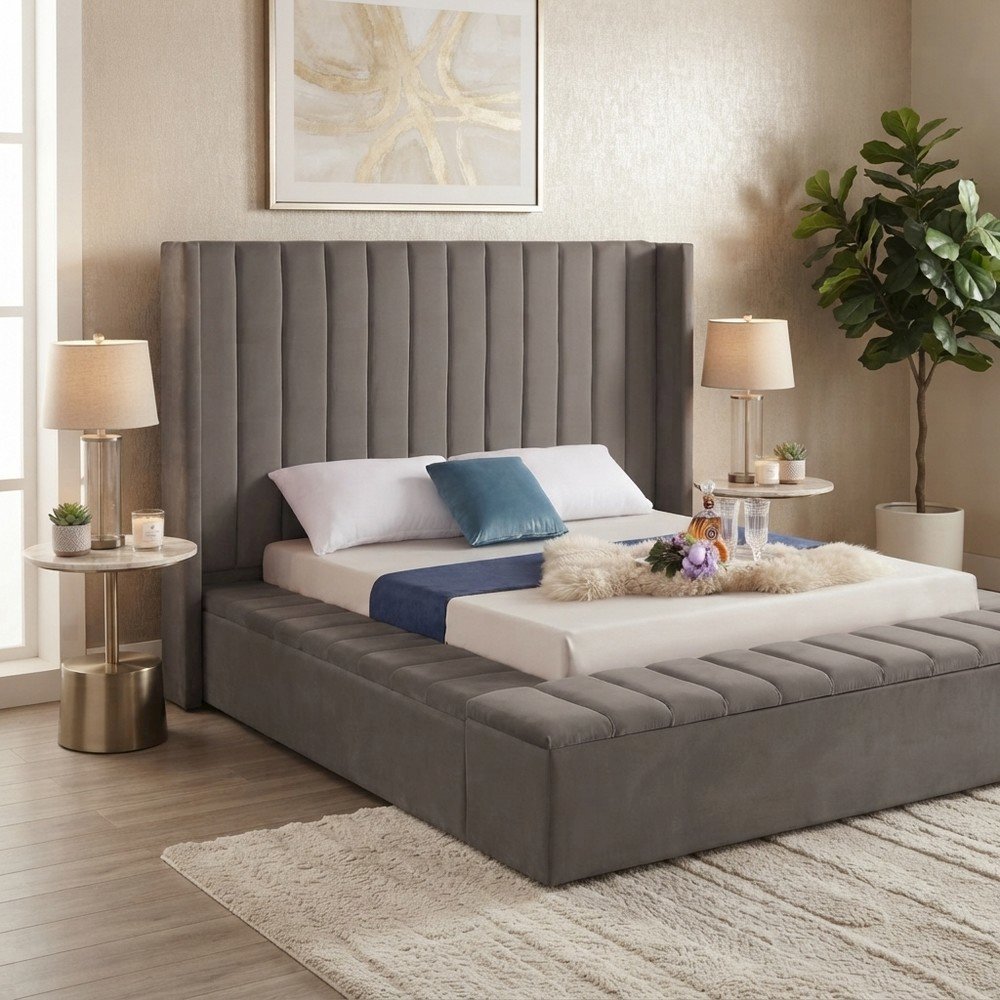 Velvet Upholstered King Platform Bed Frame with Wingback Headboard, Grey Velvet