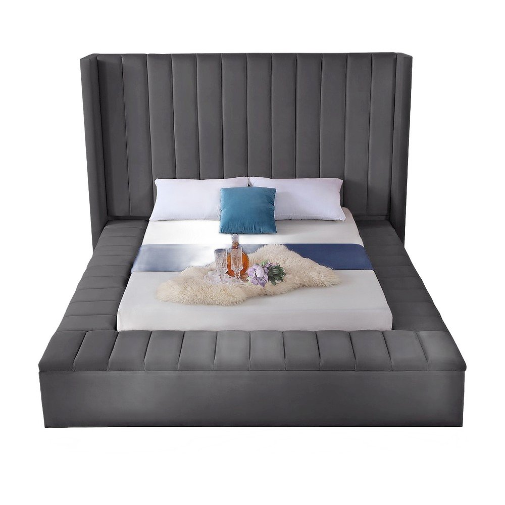 Velvet Upholstered King Platform Bed Frame with Wingback Headboard, Grey Velvet