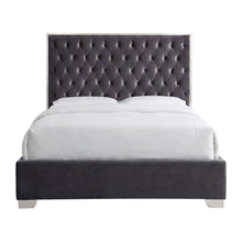 Velvet Upholstered Queen Platform Bed Frame with Tufted Headboard, Grey Velvet