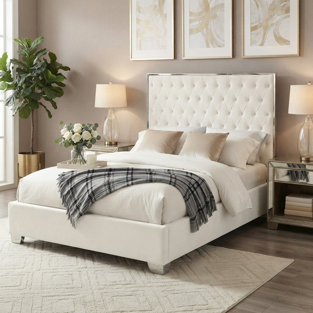 Fully Upholstered Velvet Queen Platform Bed Frame with Headboard, White Velvet