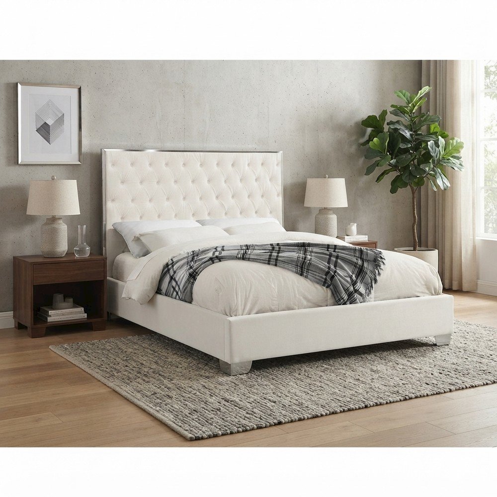 Fully Upholstered Velvet Queen Platform Bed Frame with Headboard, White Velvet