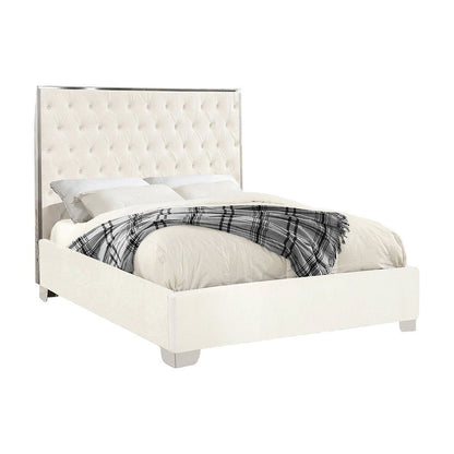 Fully Upholstered Velvet Queen Platform Bed Frame with Headboard, White Velvet