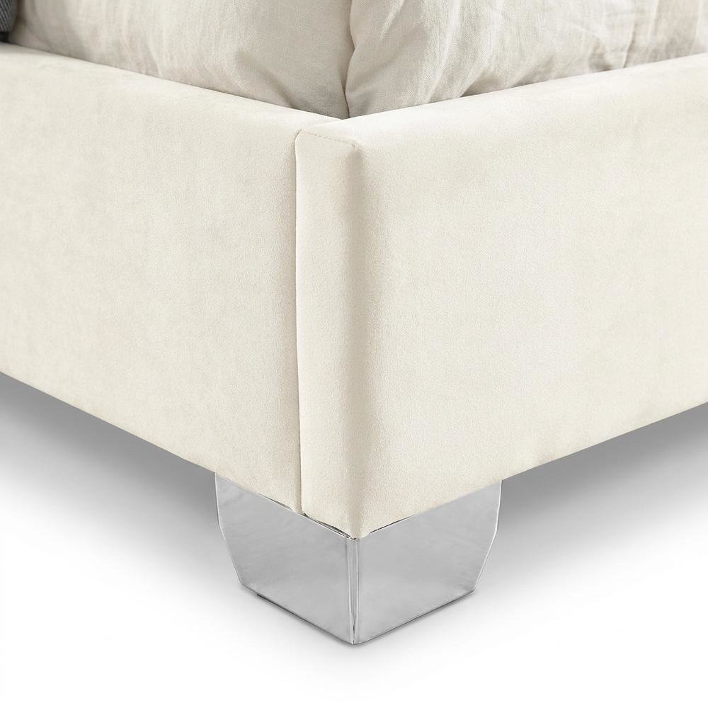 Fully Upholstered Velvet Queen Platform Bed Frame with Headboard, White Velvet