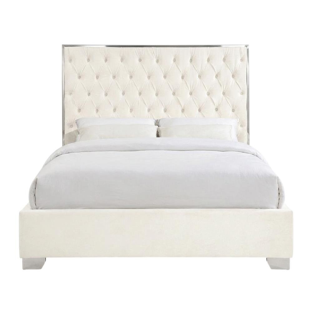Fully Upholstered Velvet Queen Platform Bed Frame with Headboard, White Velvet