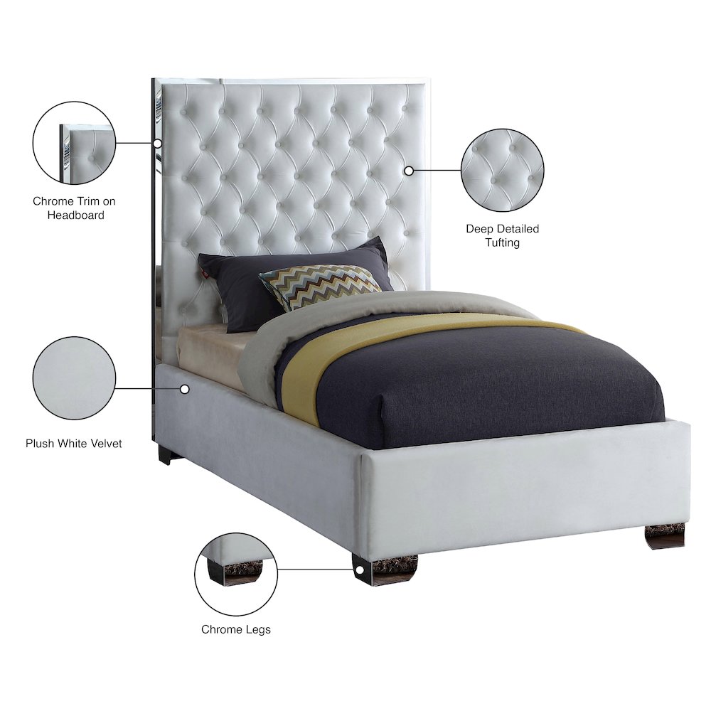 Lexi White Velvet Twin Bed