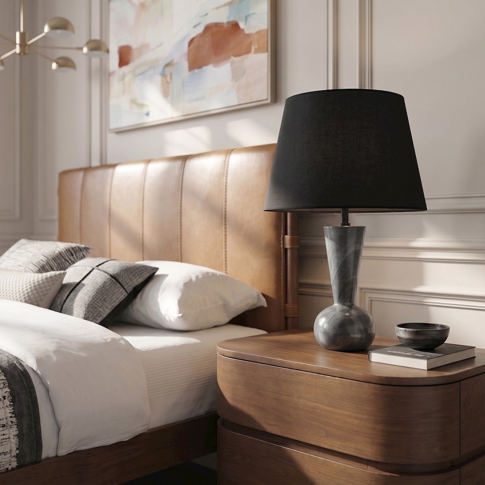 Lucente Black Genuine Marble Base And Cotton Shade Table Lamp