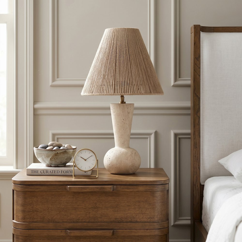 Lucente Travertine / Natural Travertine Base And Jute Shade Table Lamp