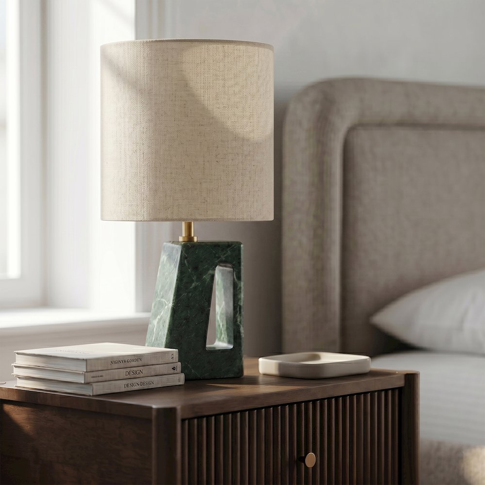 Vellum Green / Natural Genuine Marble Base And Linen Shade Table Lamp