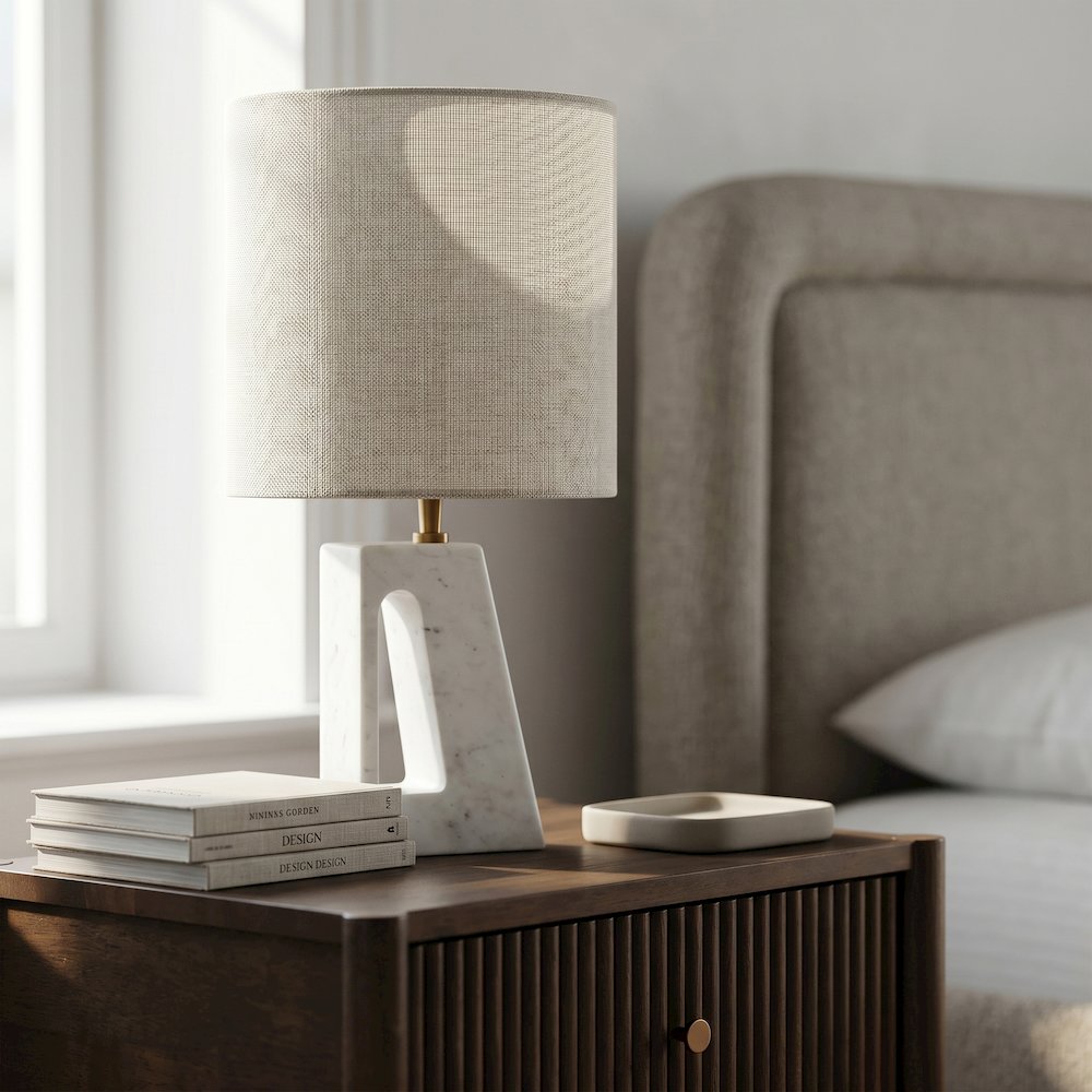 Vellum Off White / Gold Genuine Marble Base And Cotton Shade Table Lamp
