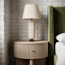 Solis Travertine / Walnut, Travertine & Walnut Wood Base, Linen Shade Table Lamp