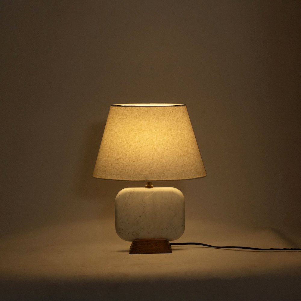 Solis Off White / Natural Marble And Mango Wood Base, Cotton Shade Table Lamp