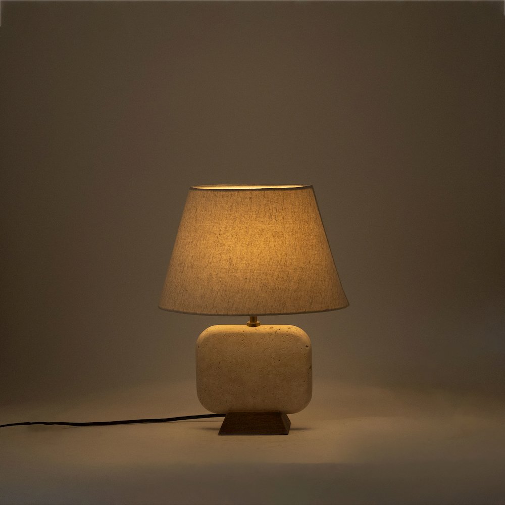 Solis Travertine / Walnut, Travertine & Walnut Wood Base, Linen Shade Table Lamp