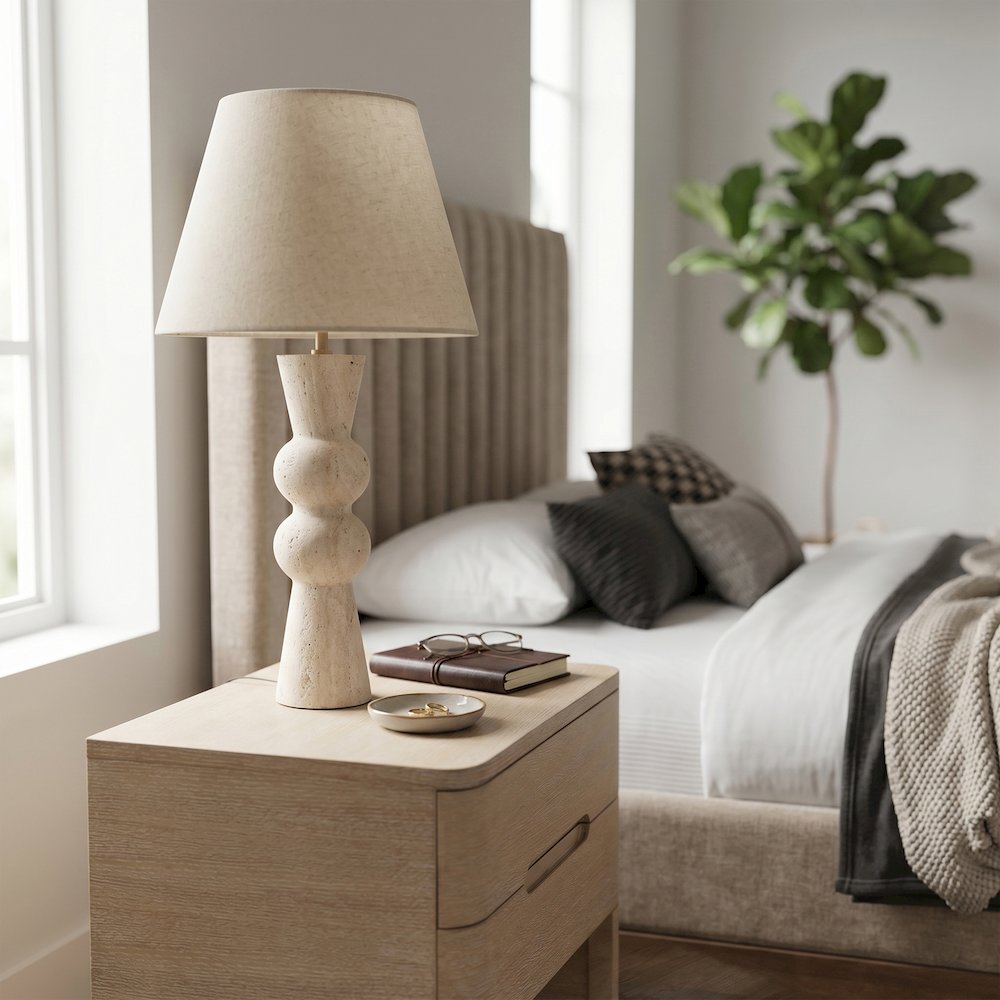 Pietra Travertine / Natural Travertine Base And Linen Shade Table Lamp