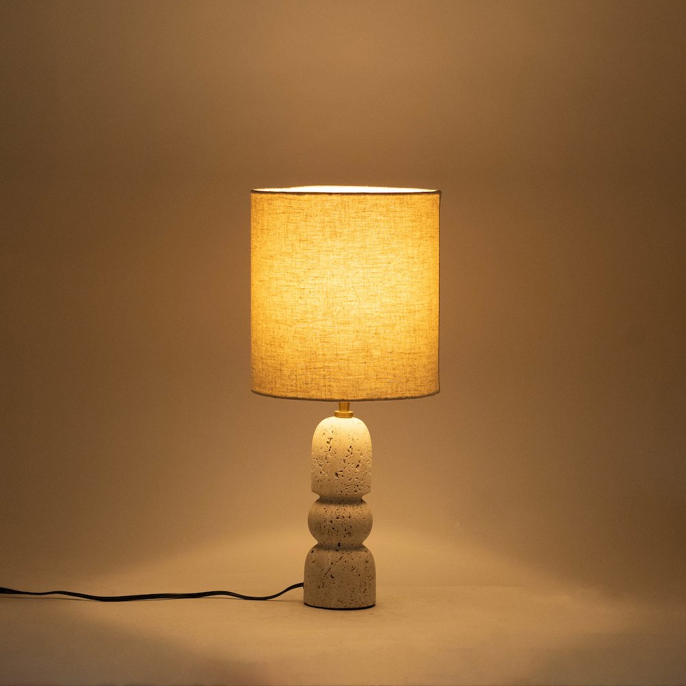 Paros Travertine / Natural Marble Base And Cotton Shade Table Lamp