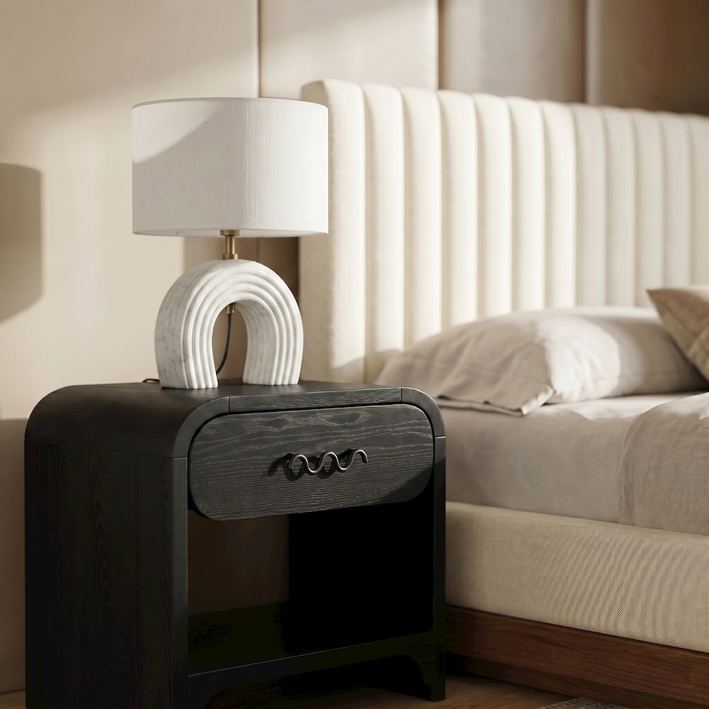 Lithos White / Off White Genuine Marble Base And Cotton Shade Table Lamp