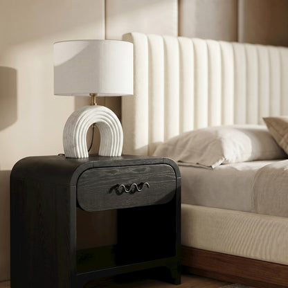 Lithos White / Off White Genuine Marble Base And Cotton Shade Table Lamp