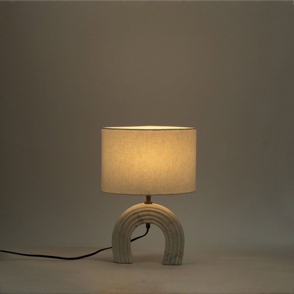 Lithos White / Off White Genuine Marble Base And Cotton Shade Table Lamp