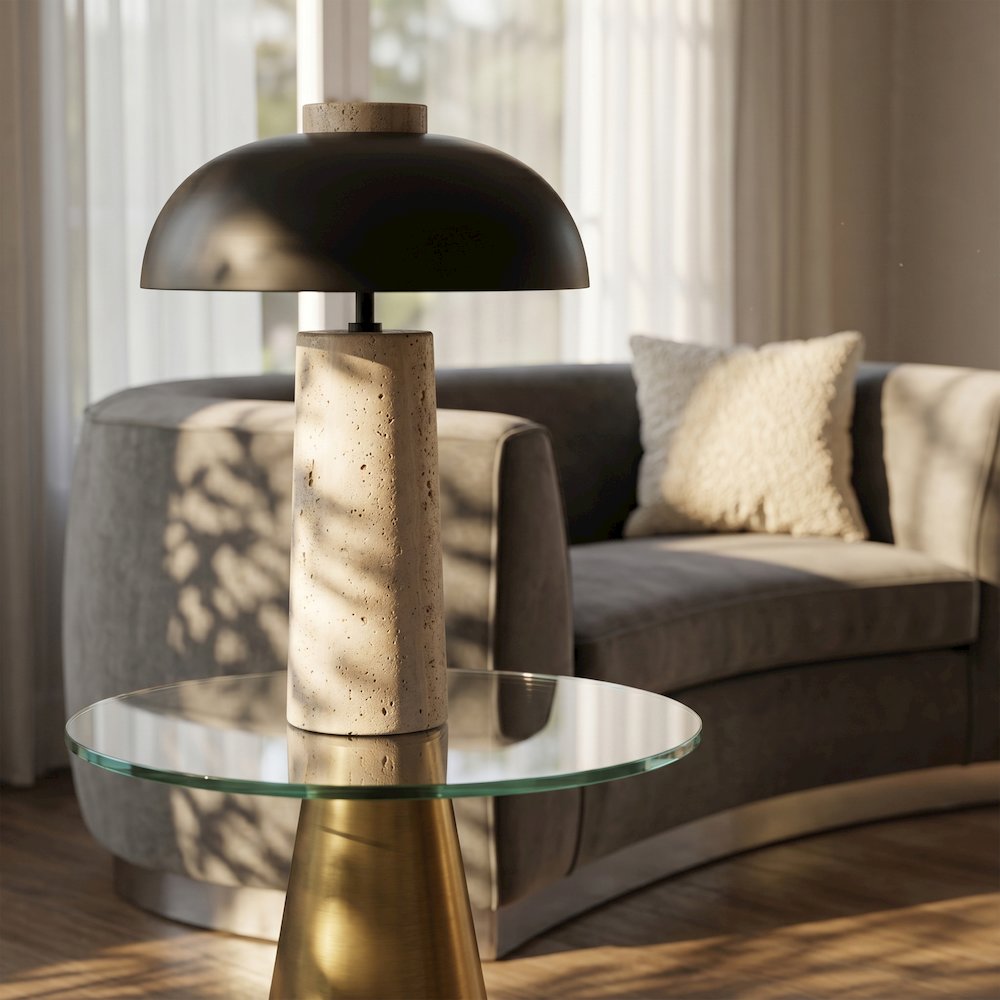 Arcadia Travertine / Black Travertine Base And Iron Shade Table Lamp
