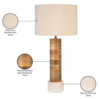 Orenda Travertine / Natural Mango Wood Base And Linen Shade Table Lamp