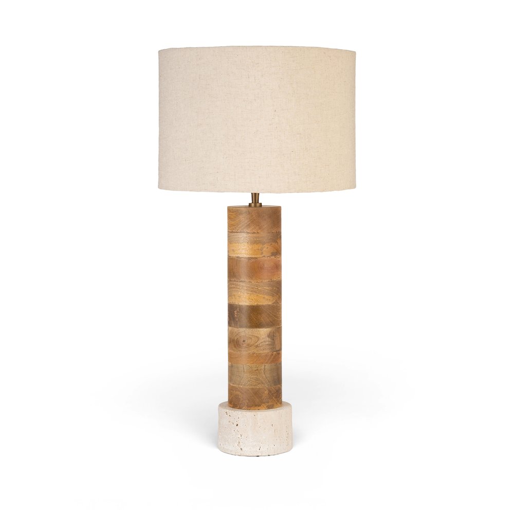 Orenda Travertine / Natural Mango Wood Base And Linen Shade Table Lamp