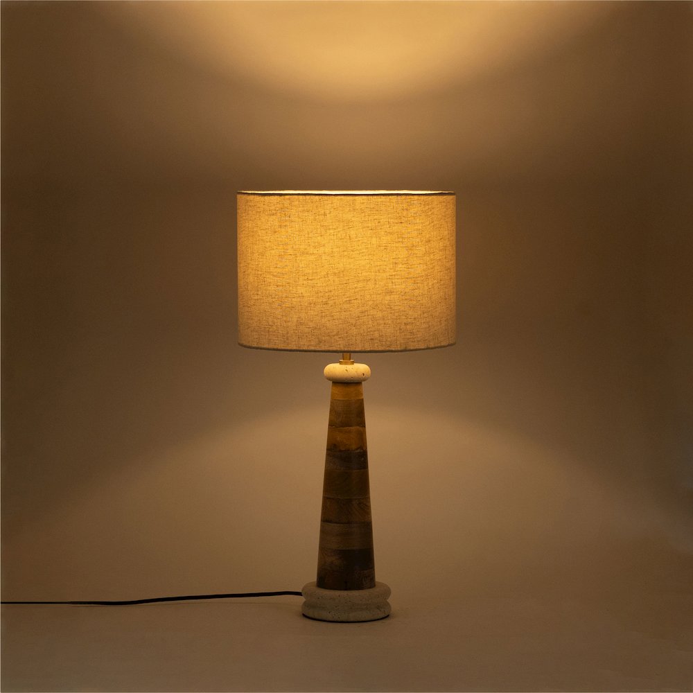 Palea Travertine / Natural Mango Wood Base And Linen Shade Table Lamp