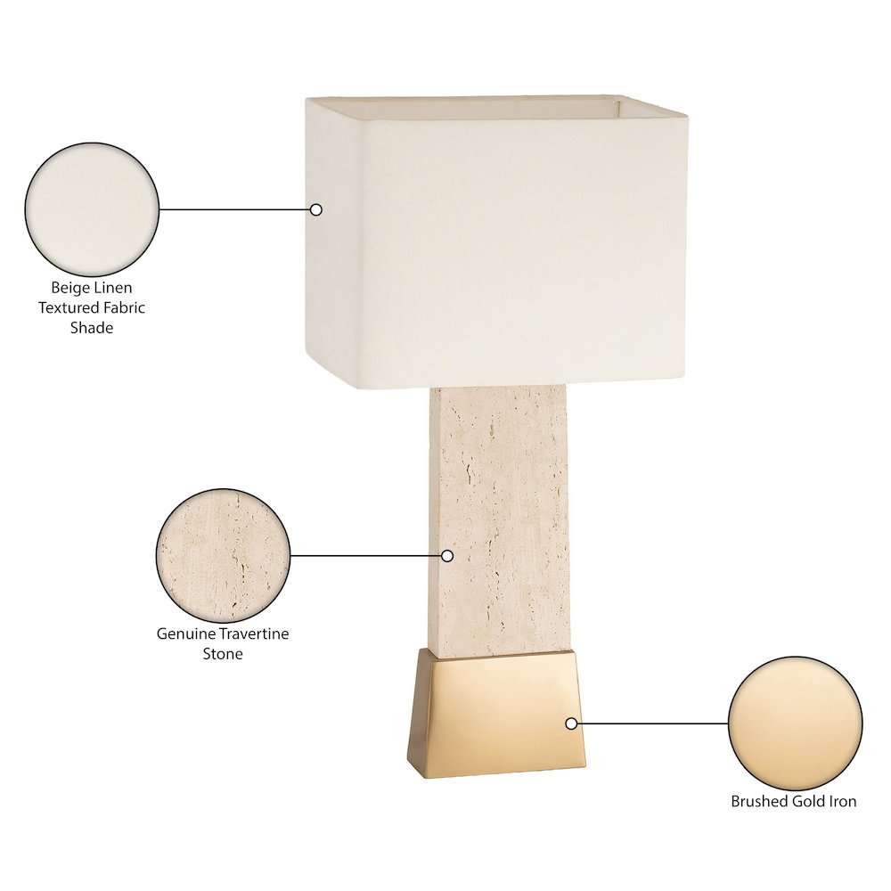 Vellara Travertine / Beige / Gold Travertine Base And Linen Shade Table Lamp