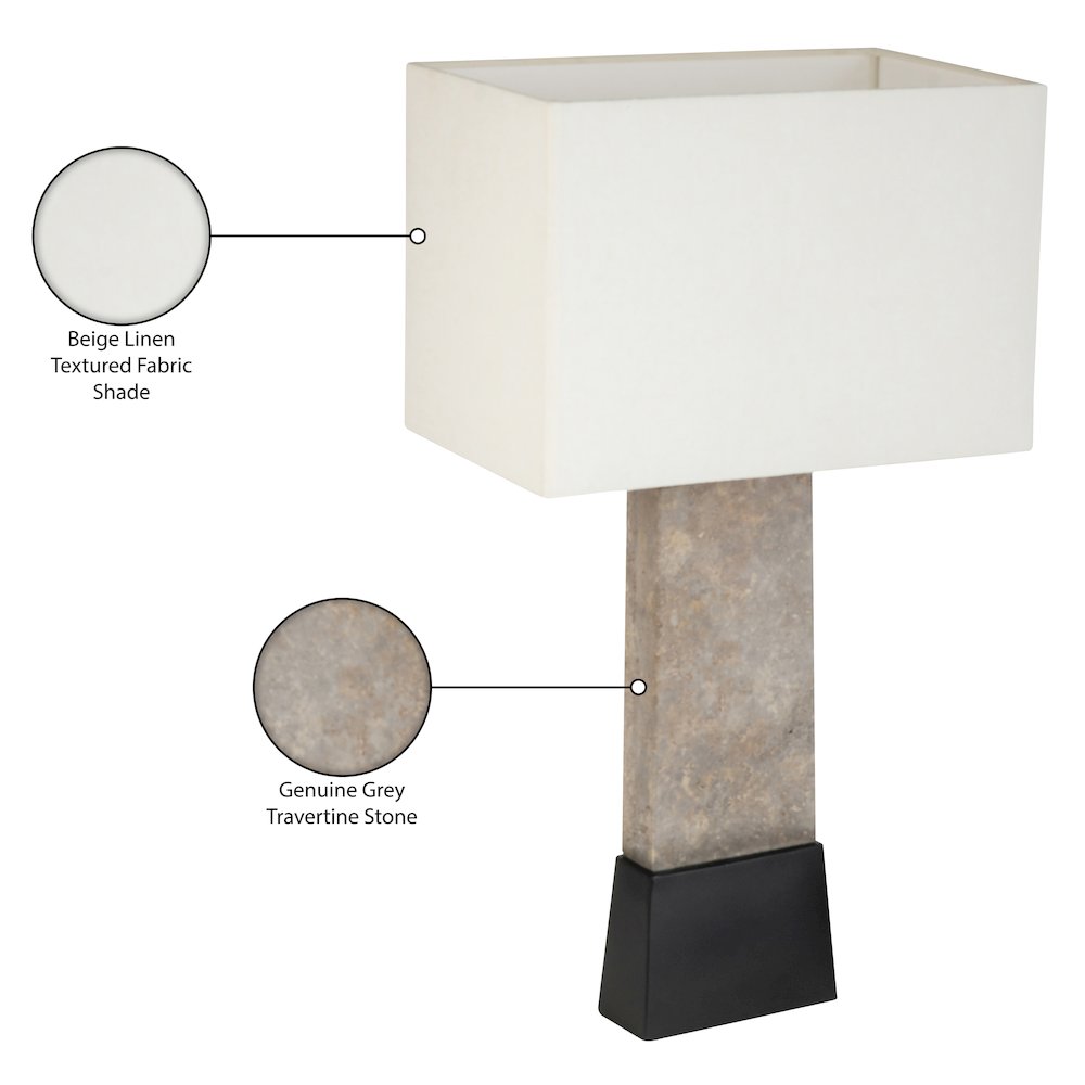 Vellara Grey / Beige / Black Travertine Base And Linen Shade Table Lamp
