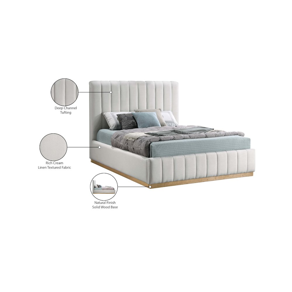 Lucia Cream Linen Textured Fabric Queen Bed