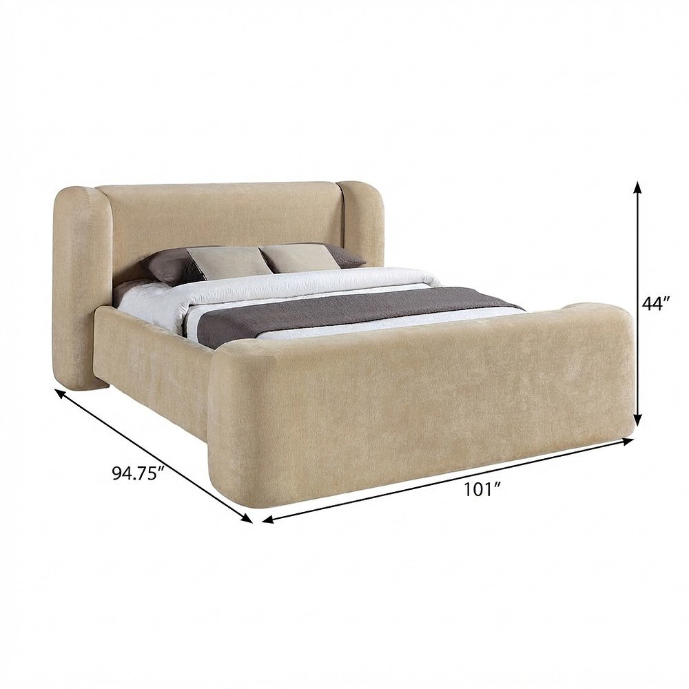 Fully Upholstered Chenille King Bed Frame with Wingback Headboard, Beige