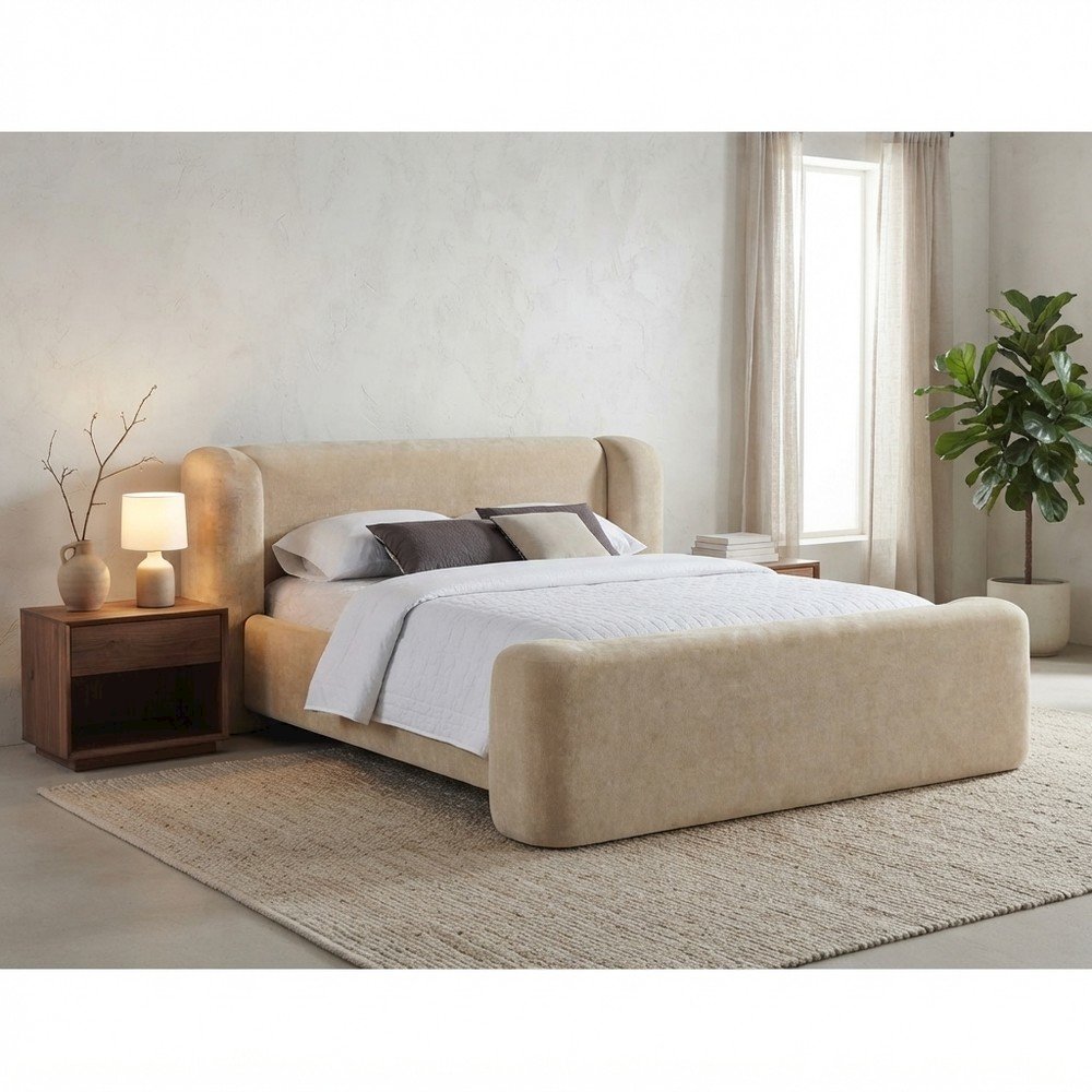 Fully Upholstered Chenille King Bed Frame with Wingback Headboard, Beige