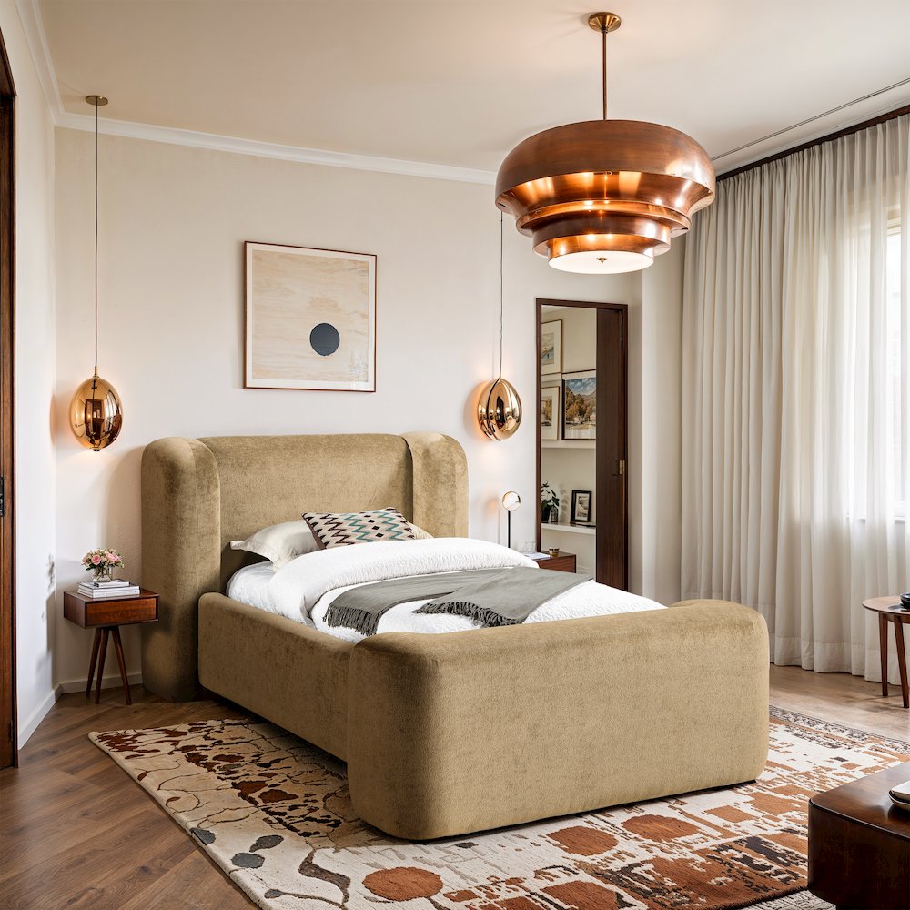 Modena Beige Chenille Fabric Upholstered Twin Bed