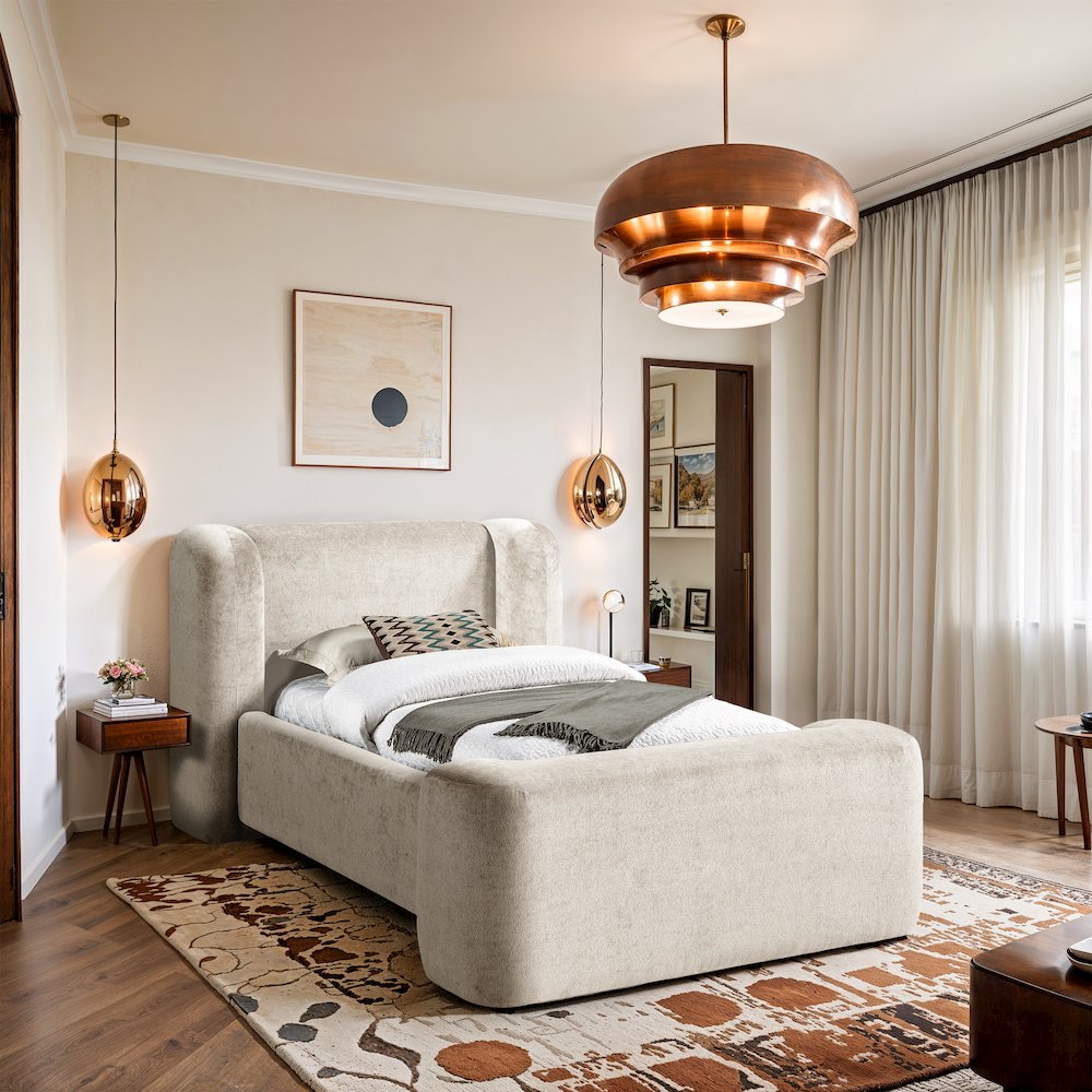 Modena Cream Chenille Fabric Upholstered Twin Bed