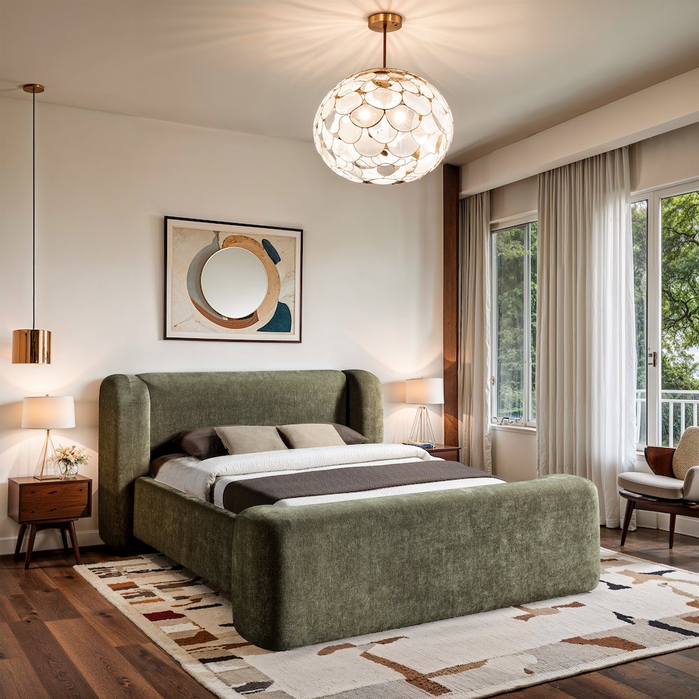 Modena Green Chenille Fabric Upholstered Full Bed