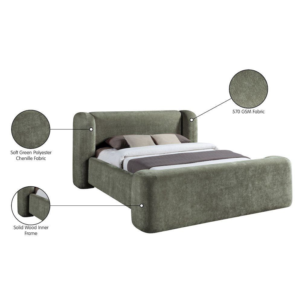 Modena Green Chenille Fabric Upholstered Queen Bed