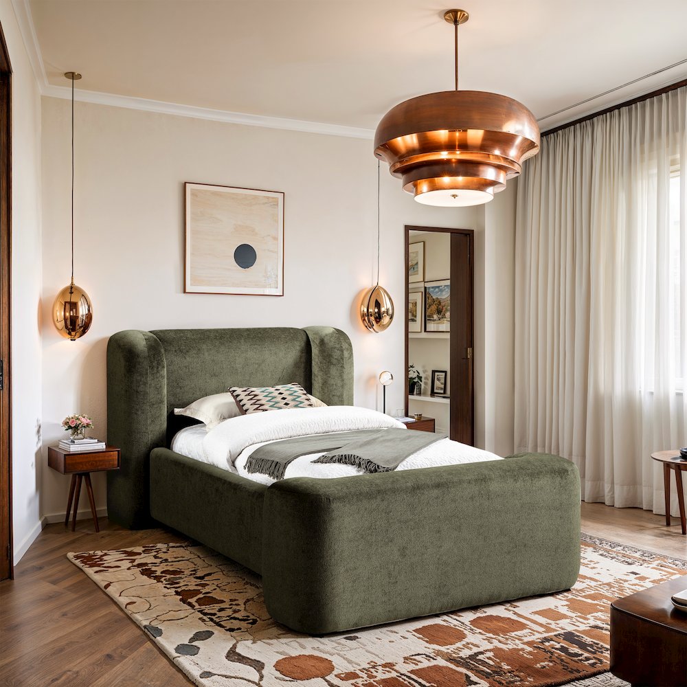 Modena Green Chenille Fabric Upholstered Twin Bed