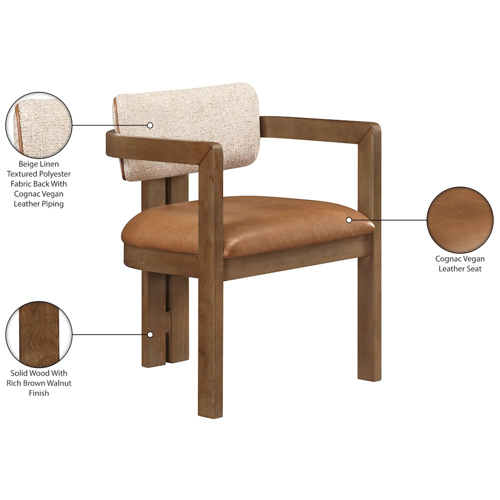 Ravina Cognac Vegan Leather and Linen Fabric Upholstered Dining Chair, Set of 2